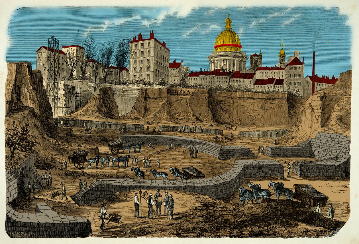 Ubicación del circo Galo Romano que data del siglo II a.C., descubierto en 1870 durante la perforación de la rue Monge en París, grabado del siglo XIX de Unknown artist