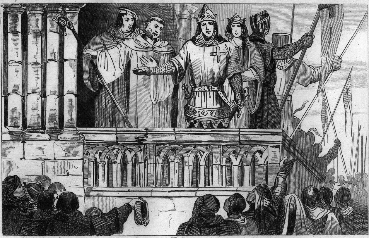 Luis VII el Joven busca apoyo para la Segunda Cruzada en 1144 - Luis VII emprende la 2ª Cruzada tras el consejo de San Bernardo de Claraval - Grabado de 1825 en “Historia de Francia representada por sinopsis” de Unknown artist