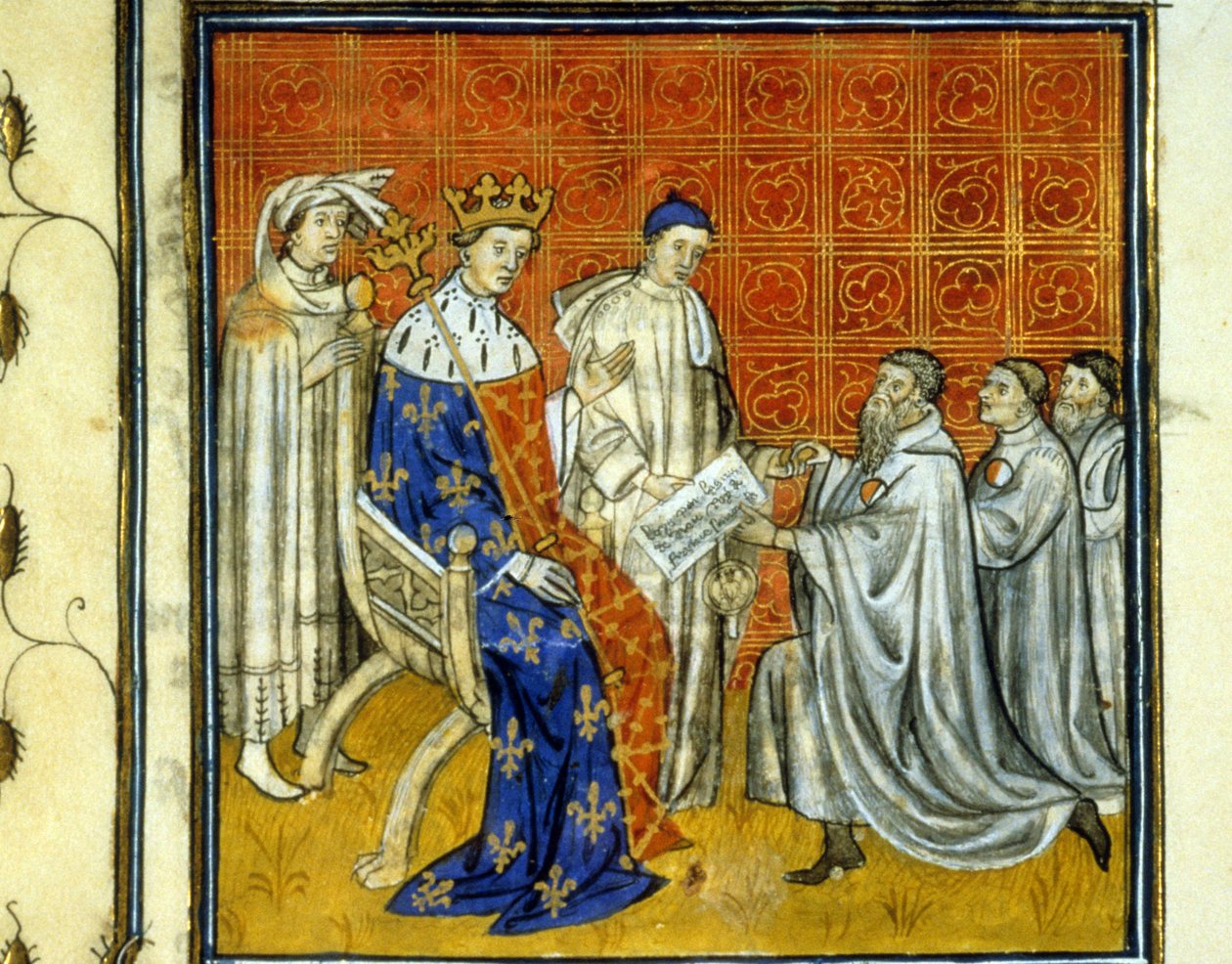 Luis X (1289-1316) concede una carta a los judíos del reino - Redención por los judíos, en 1315, de su derecho a regresar al reino de Francia después de la expulsión de 1308 por Felipe el Hermoso. Son identificables por la rueda blanca y roja. Iluminación de Unknown artist