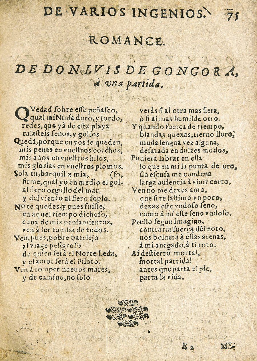 Luis de GOGOORA Y ARGOTE, "Romance a una partida" (print) de Unknown artist