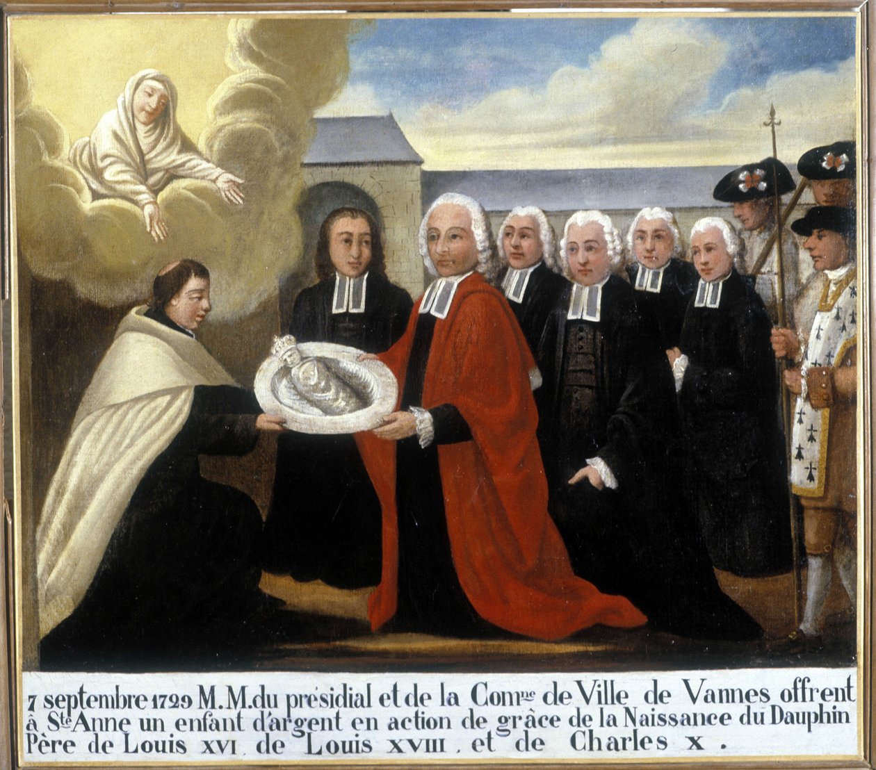 MM du Presidial et de la Commune de Vannes ofrecen a Santa Ana un niño de plata en acción de gracias por el nacimiento del delfín Luis de Francia (1729-1765), 7 de septiembre de 1729 - Ex-Voto Sainte Anne d