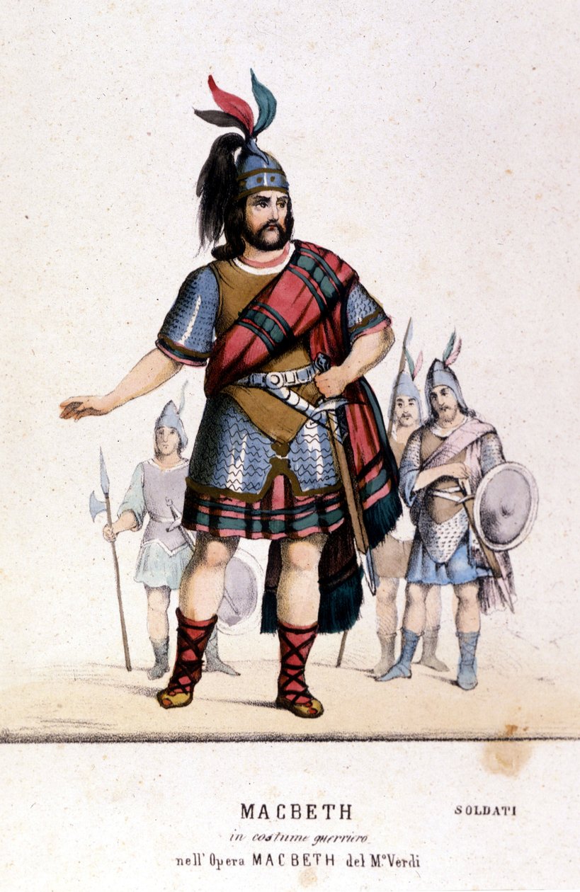 Personaje de Macbeth en un traje de guerrero en la ópera del mismo nombre de Giuseppe Verdi (1813 - 1901) después de la obra de William Shakespeare. 1847. Grabado. de Unknown artist