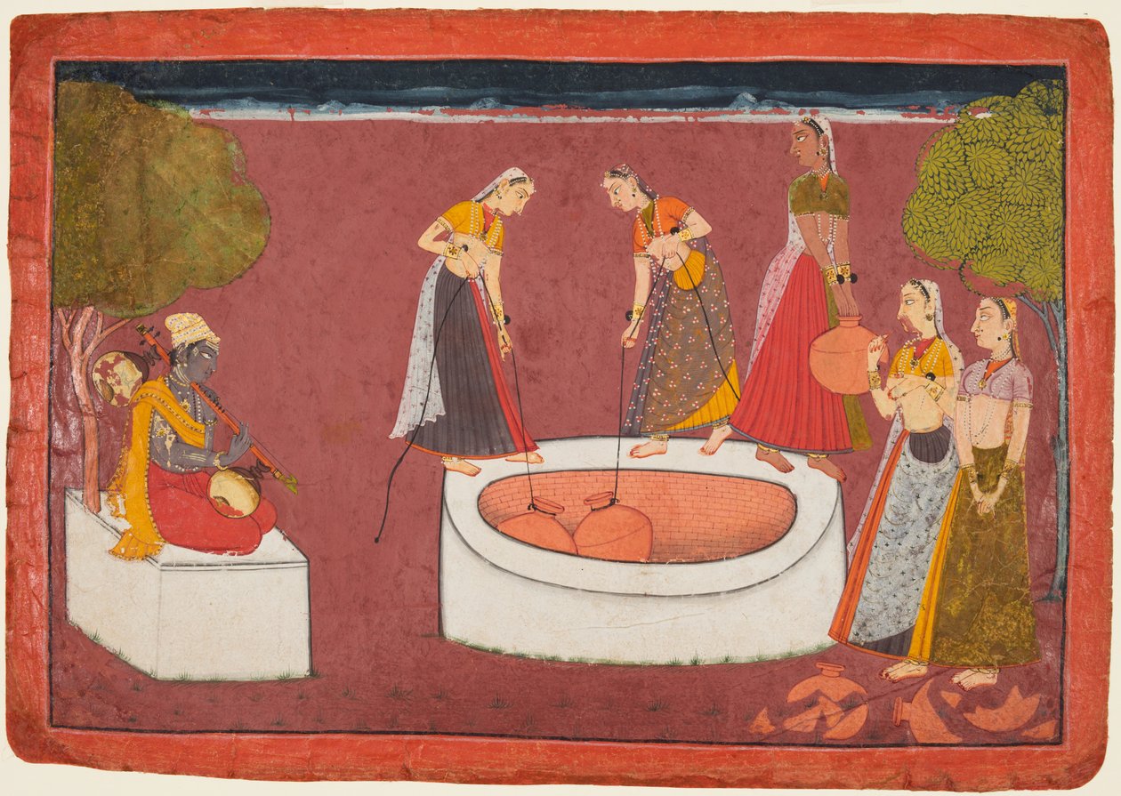Madhava toca su Vina ante cinco mujeres sacando agua de un pozo, de Madhavanala Kamakandala de Unknown artist