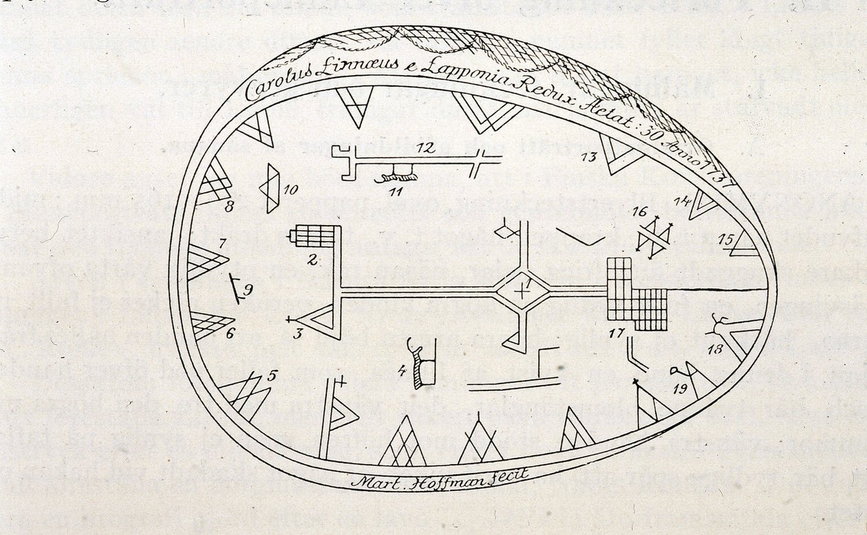 Tambor mágico de los chamanes en Laponia, ilustración de un libro sobre el viaje de Linneo de Unknown artist