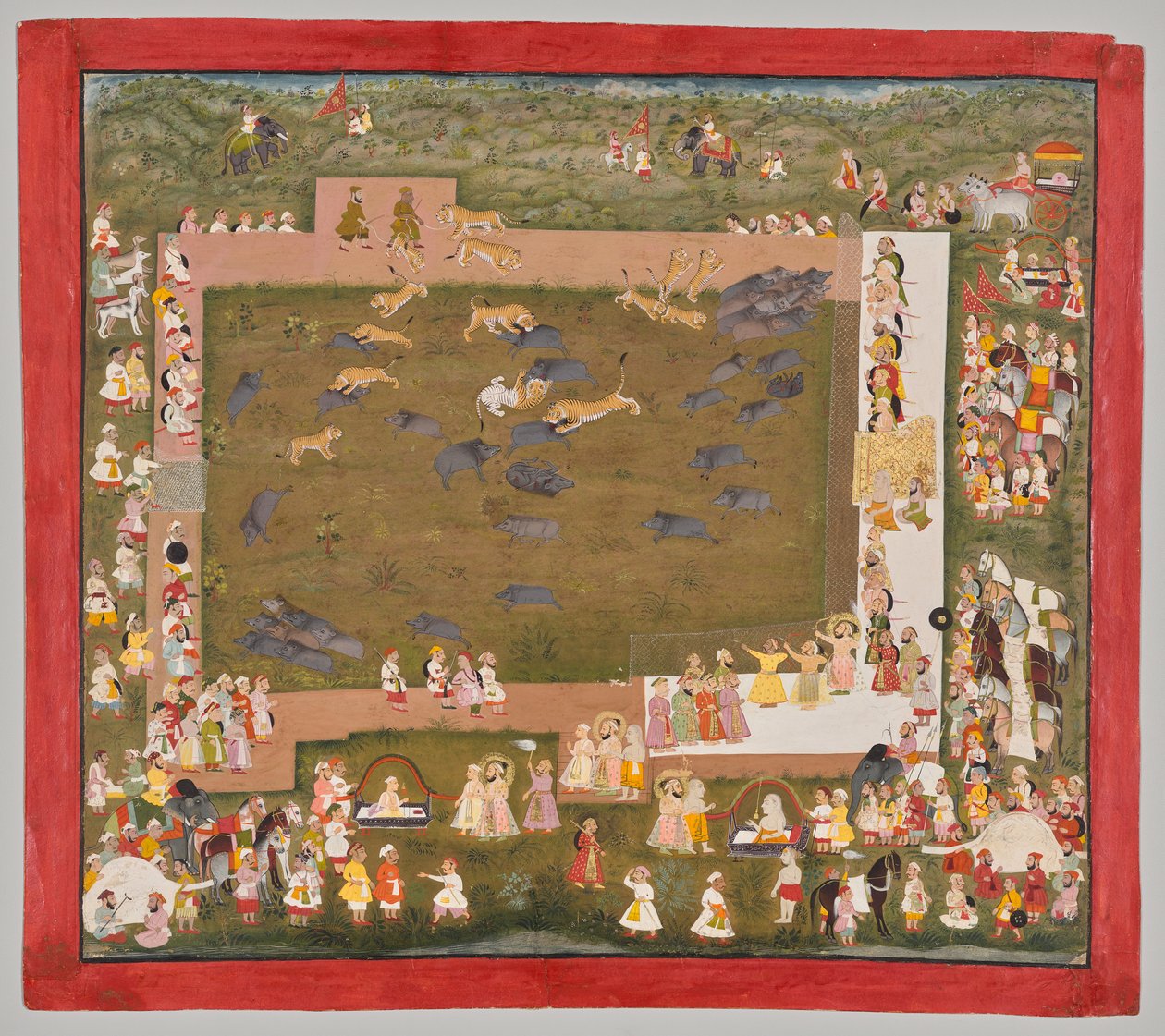 Maharana Sangram Singh II de Mewar (r. 1710-1734) y organiza una cacería de jabalíes con tigres en Sadri de Unknown artist