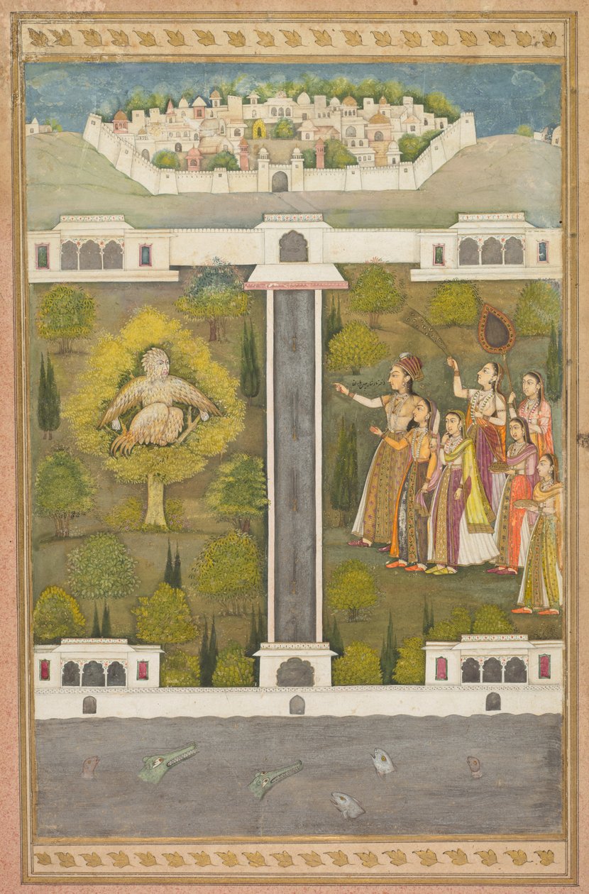 Mahliqa, hija del emperador de China, señalando al hombre pájaro Khwaja Mubarak: una hoja de un romance poético relacionado con Shah Alam I (verso); Escenas estarcidas de león y gacela (verso) de Unknown artist