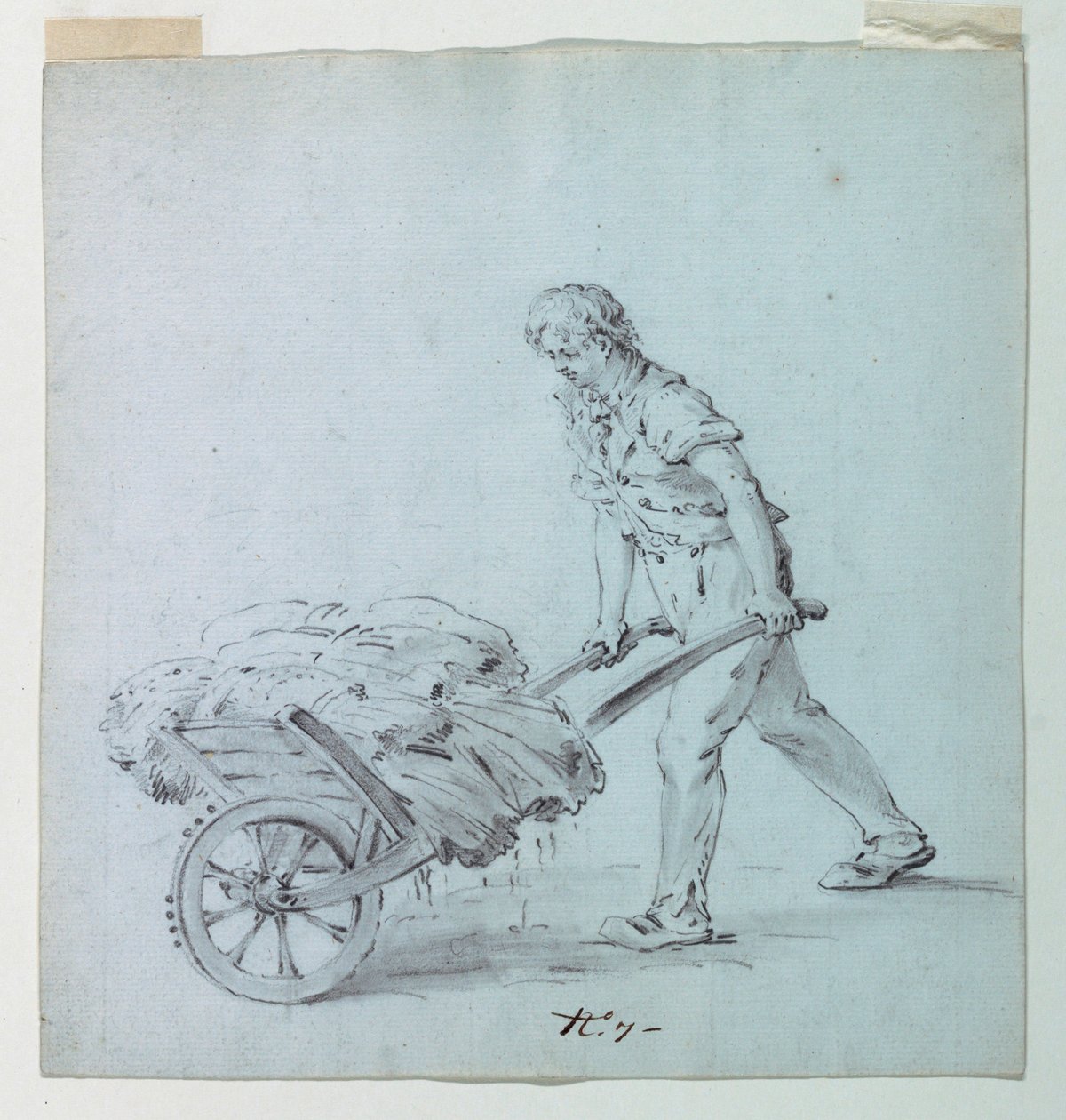 Hombre Empujando una Carretilla, Posible Boceto para una Isla para una Impresión de Algodón de Unknown artist