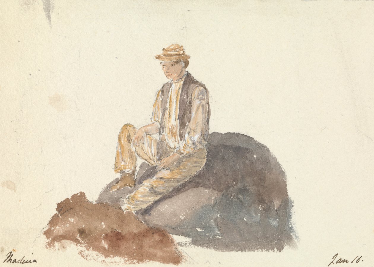 Hombre sentado en una roca (Madeira 16 ene) de Unknown artist