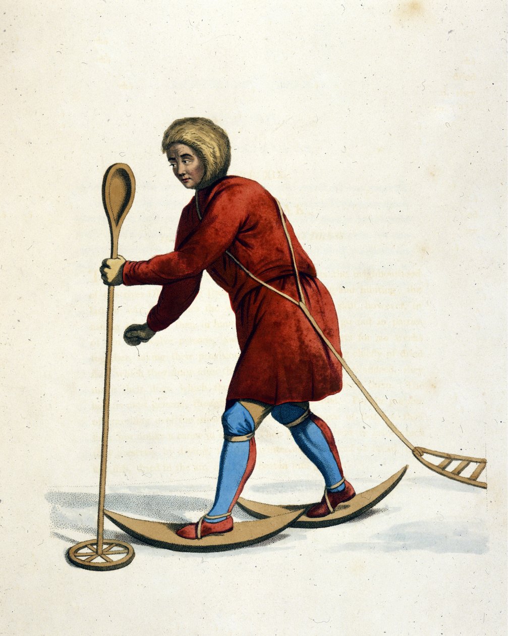 Hombre de la tribu Ostiak (Khanty o Khante) (Siberia) esquiando. Grabado de 