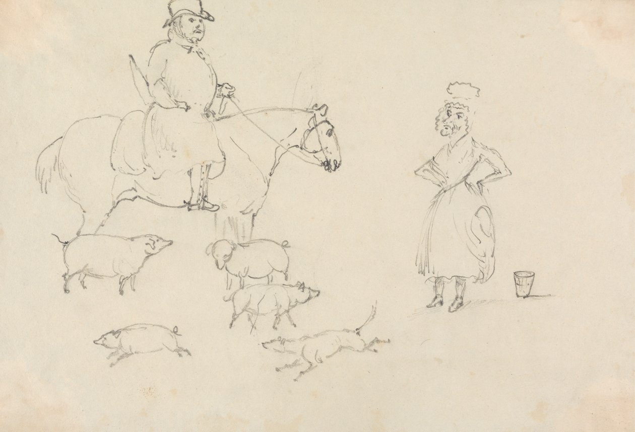 Hombre a caballo con cerdos de Unknown artist