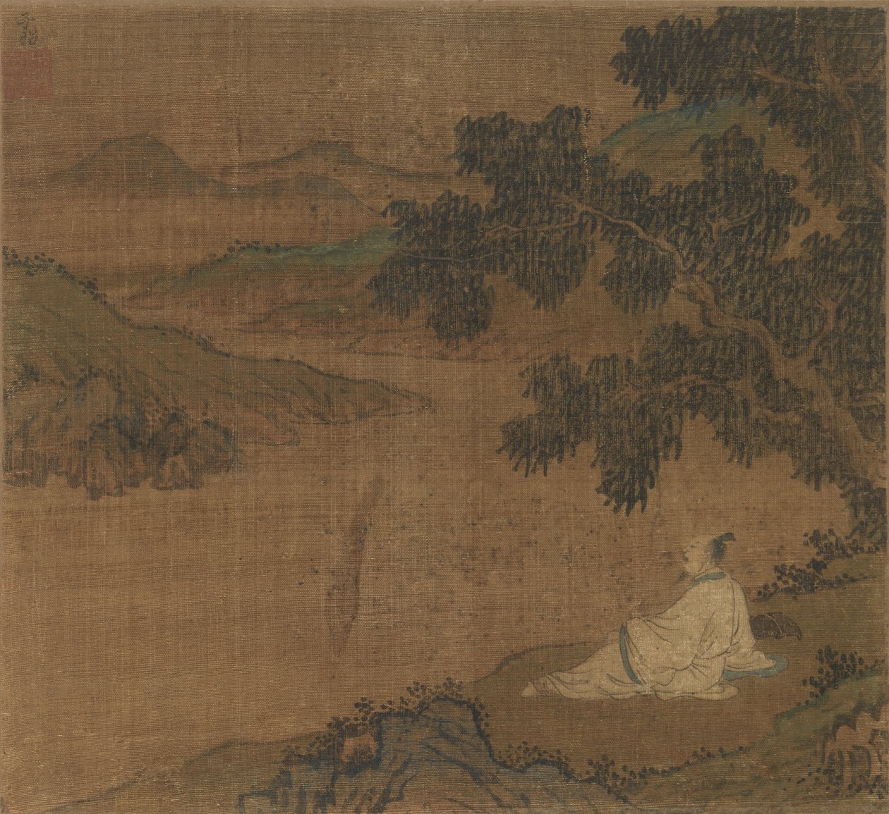 hombre, en, un, ladera, debajo, un, árbol, mirar, un, río de Unknown artist