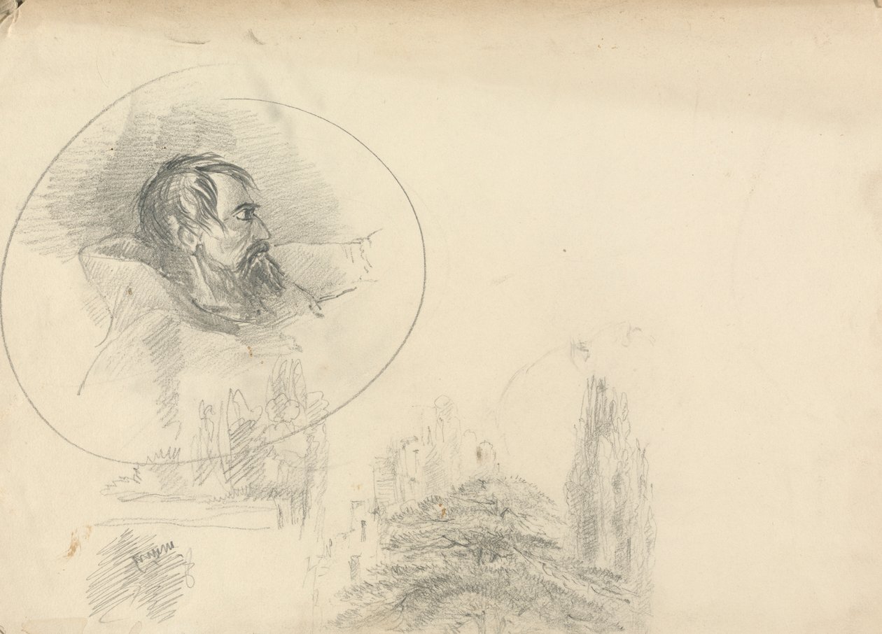 Hombre con capucha y paisaje de Unknown artist