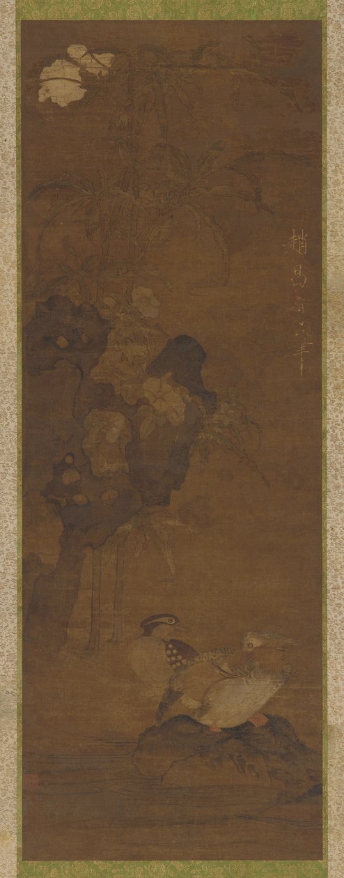 Patos Mandarines, Rocas y una Planta Florida de Unknown artist