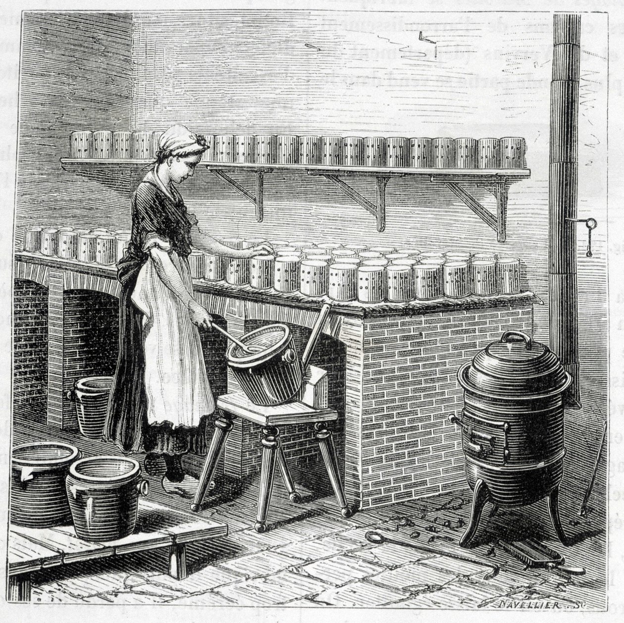 Fabricación de queso camembert (el cuajo se vierte en moldes) - en “Las maravillas de la industria” de Louis Figuier de Unknown artist