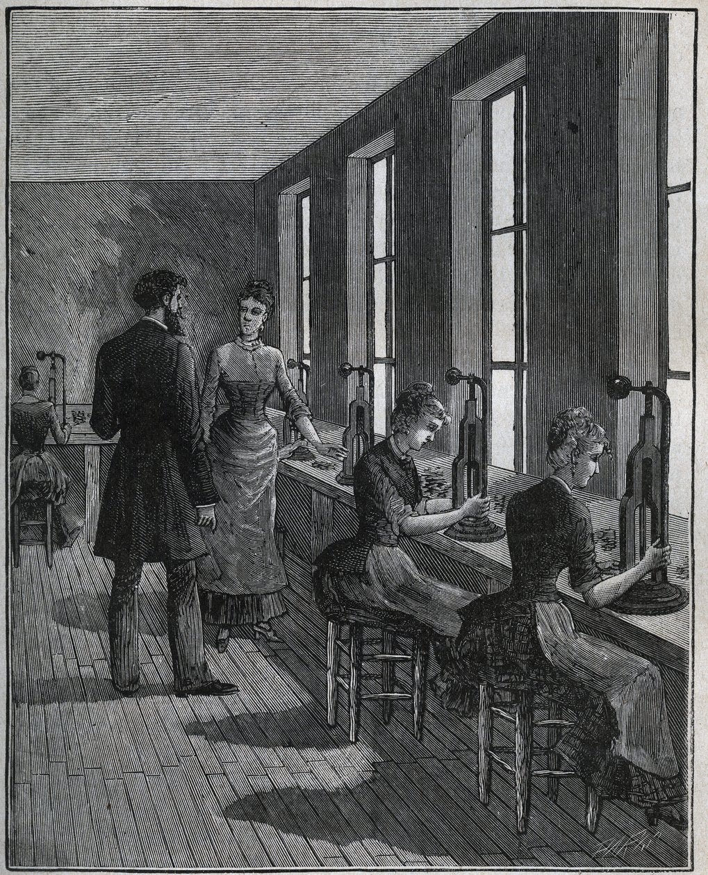 Fabricación de plumas de metal: taller de recorte en Francia en el siglo XIX. Grabado de 1885 en “Les arts et metiers illustres” por Adolphe BITARD. de Unknown artist