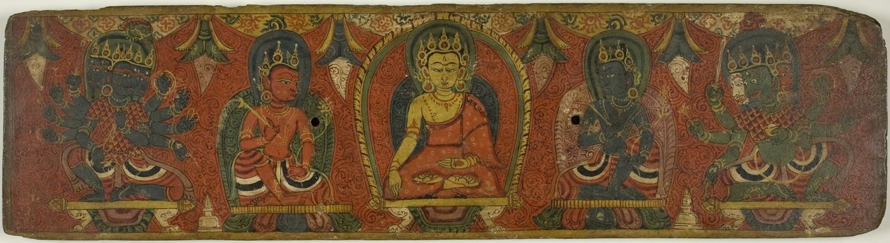 Portada de manuscrito con Buda, dos bodhisattvas y dos deidades protectoras (lokapalas) de Unknown artist