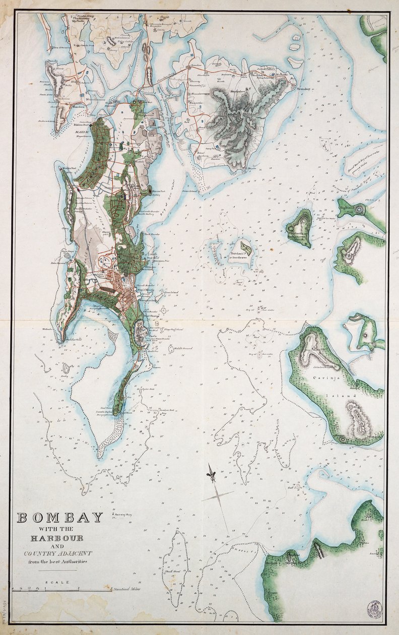 Mapa de Bombay con el puerto y el campo adyacente, también se muestra el Mar Arábigo y el Golfo Pérsico, c.1855 (tinta, acuarela) de Unknown artist