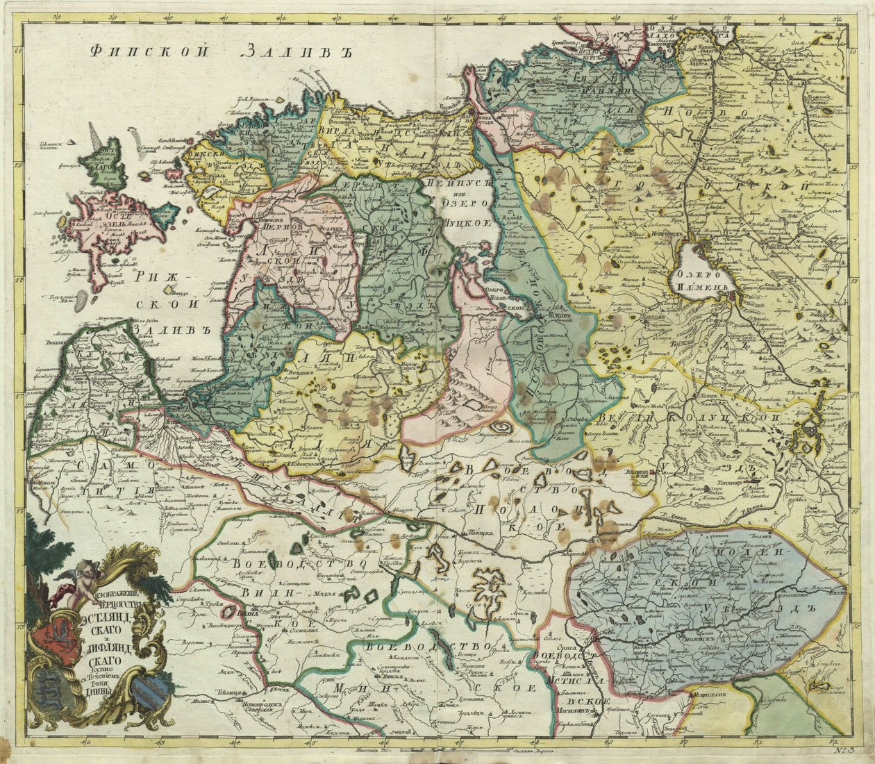 Mapa de Estonia y Livonia - Maestro anónimo - 1745 - Grabado en cobre, acuarela - Academia de Ciencias, San Petersburgo de Unknown artist