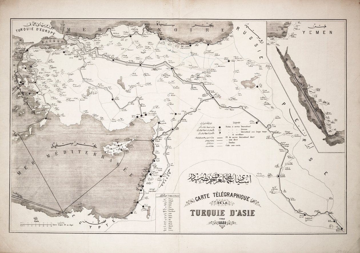 Mapa de Turquía con cables y estaciones telegráficas de Unknown artist