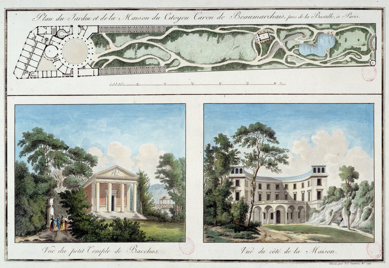 Mapa del jardín y casa del escritor y dramaturgo francés Pierre Augustin Caron de Beaumarchais (1732-1799) en el actual Boulevard Beaumarchais en París. Grabado alrededor de 1795. París, Museo Carnavalet de Unknown artist