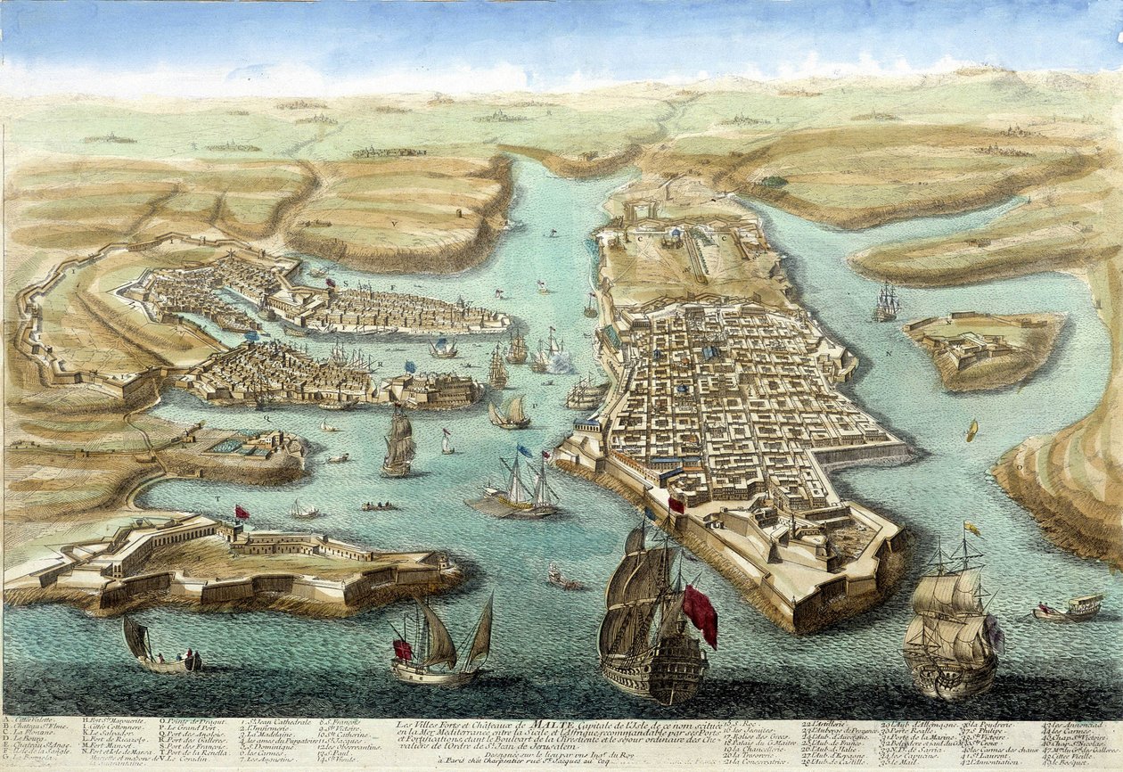 Mapa del puerto de Malta, sus fortificaciones y el castillo. Grabado del siglo XVIII de Unknown artist