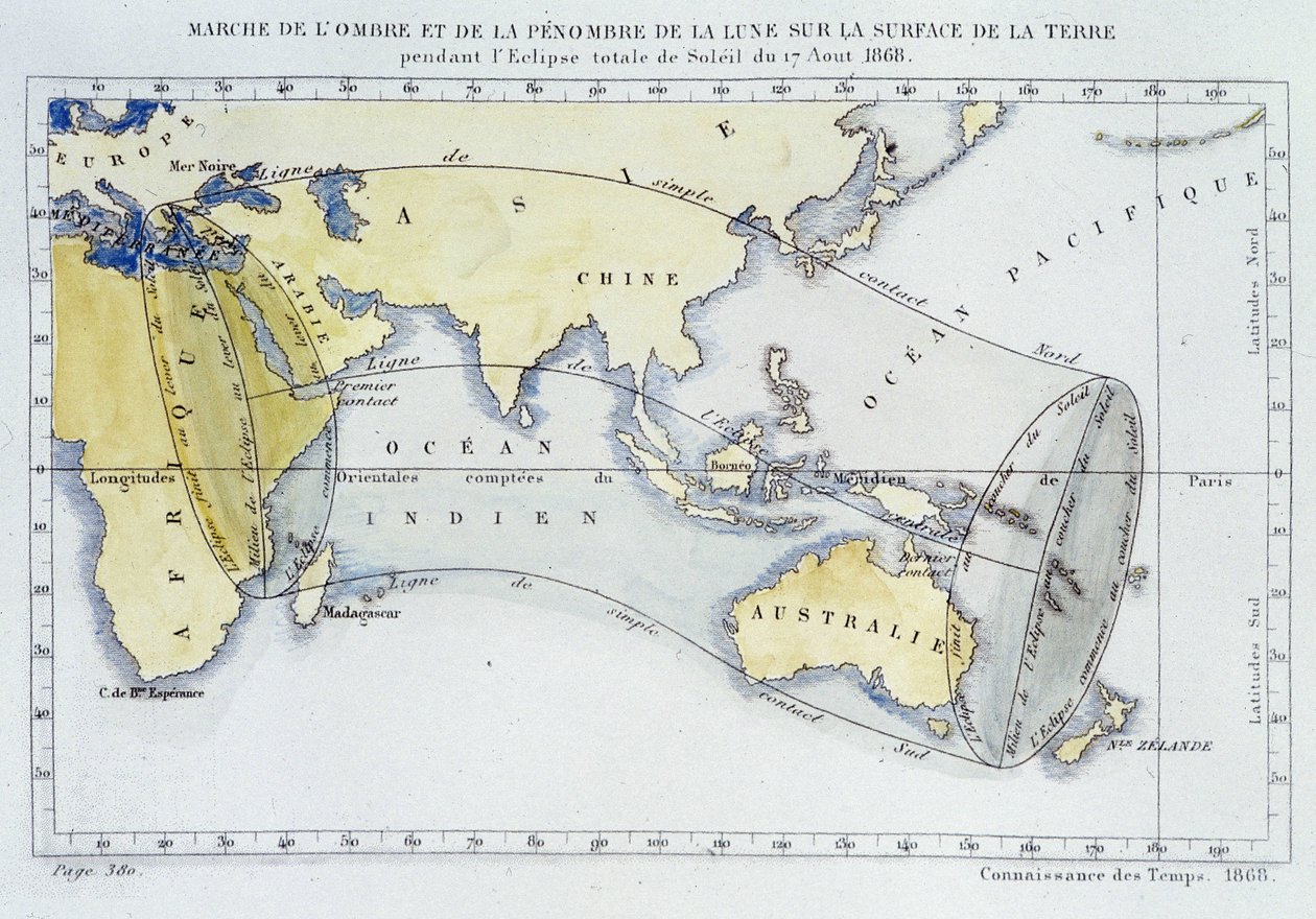 Mapa, publicado por la Oficina de Longitudes, mostrando la marcha de la sombra y oscuridad de la Luna sobre la superficie de la Tierra durante el eclipse de 1868 de Unknown artist