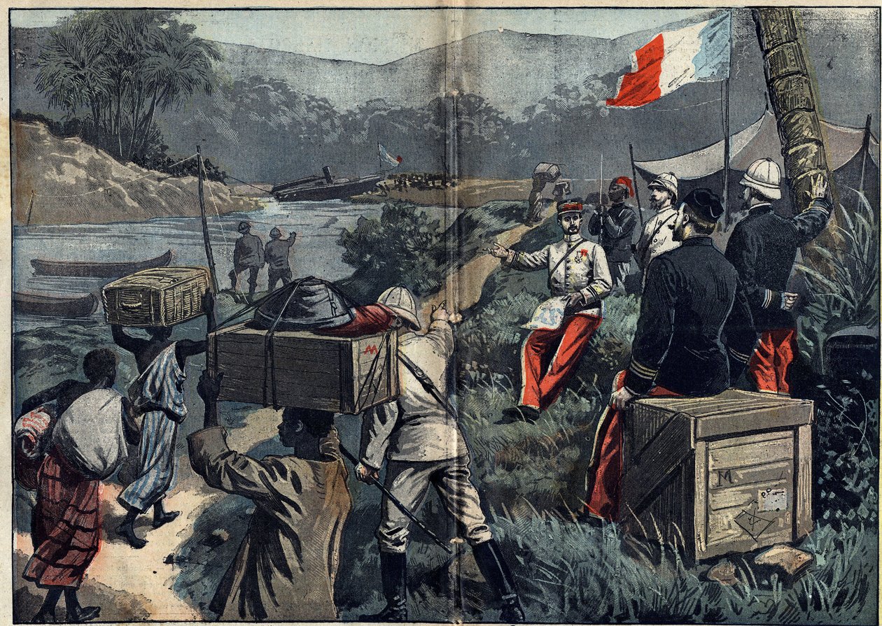 Misión Marchand en África (1896-1899): la expedición toma posesión del Alto Nilo en 1898. Lanzamiento del vapor desmontable "le Faidherbe" en el río M