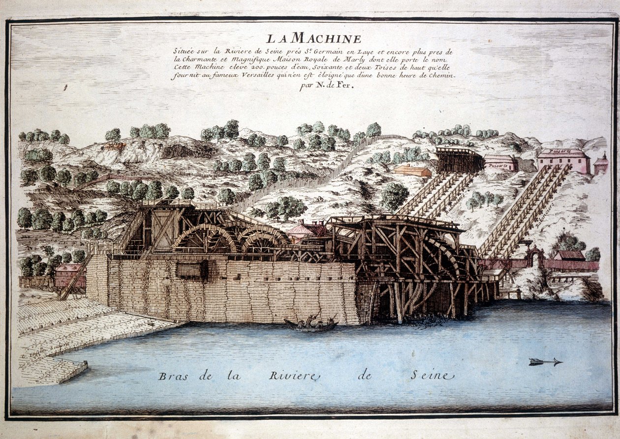 Máquina de Marly de Rennequin utilizada para llevar las aguas del Sena a Versalles a través del acueducto de Marly. Grabado de 1700. de Unknown artist