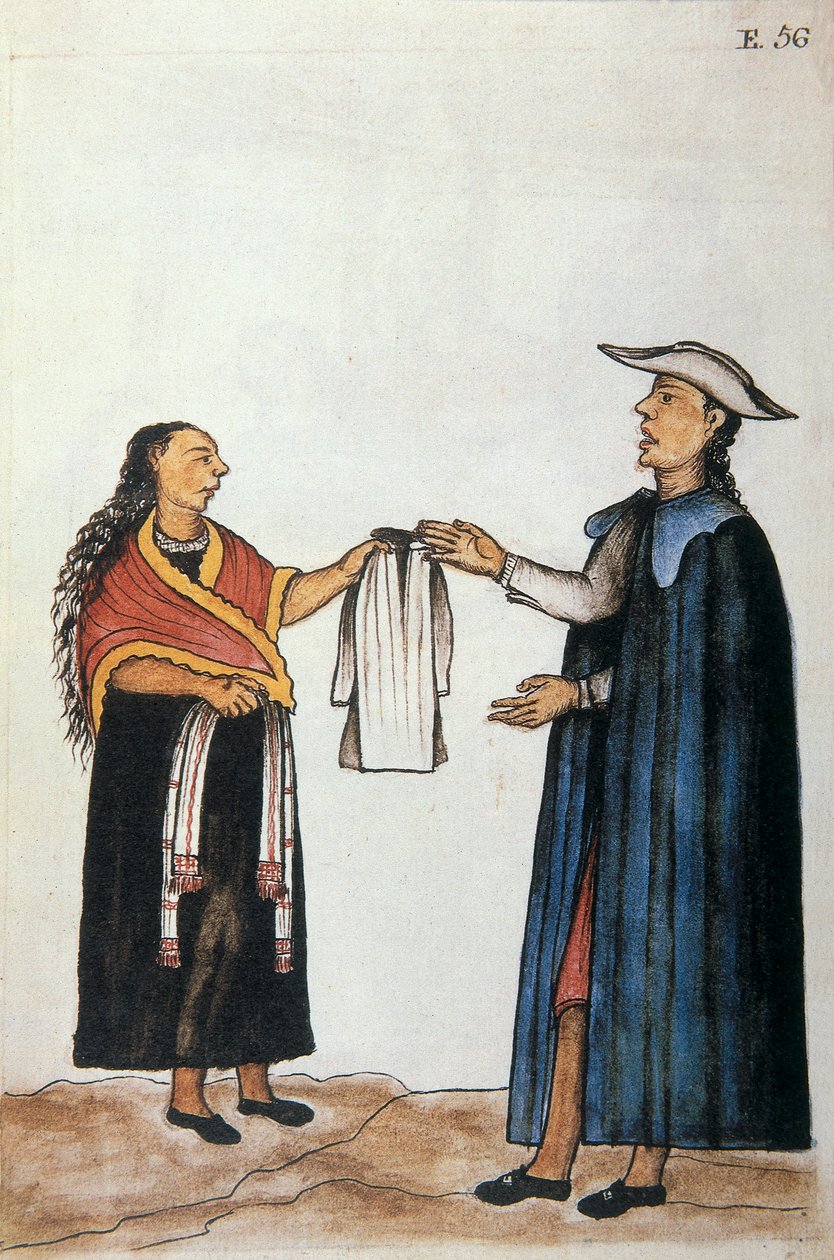 Arreglo matrimonial entre indios, negociación sobre el atuendo de la novia, del libro "Trujillo del Perú" o "Códice Martínez Compañón", por Baltazar Martínez Compañón y Bujanda, obispo de Trujillo (1782-1785) de Unknown artist