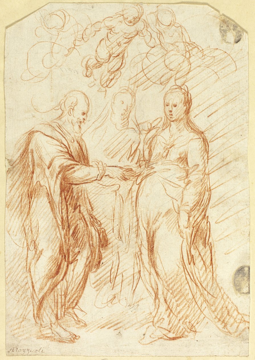 Matrimonio de la Virgen (anverso); Bocetos de la mitad inferior del rostro de perfil (reverso) de Unknown artist