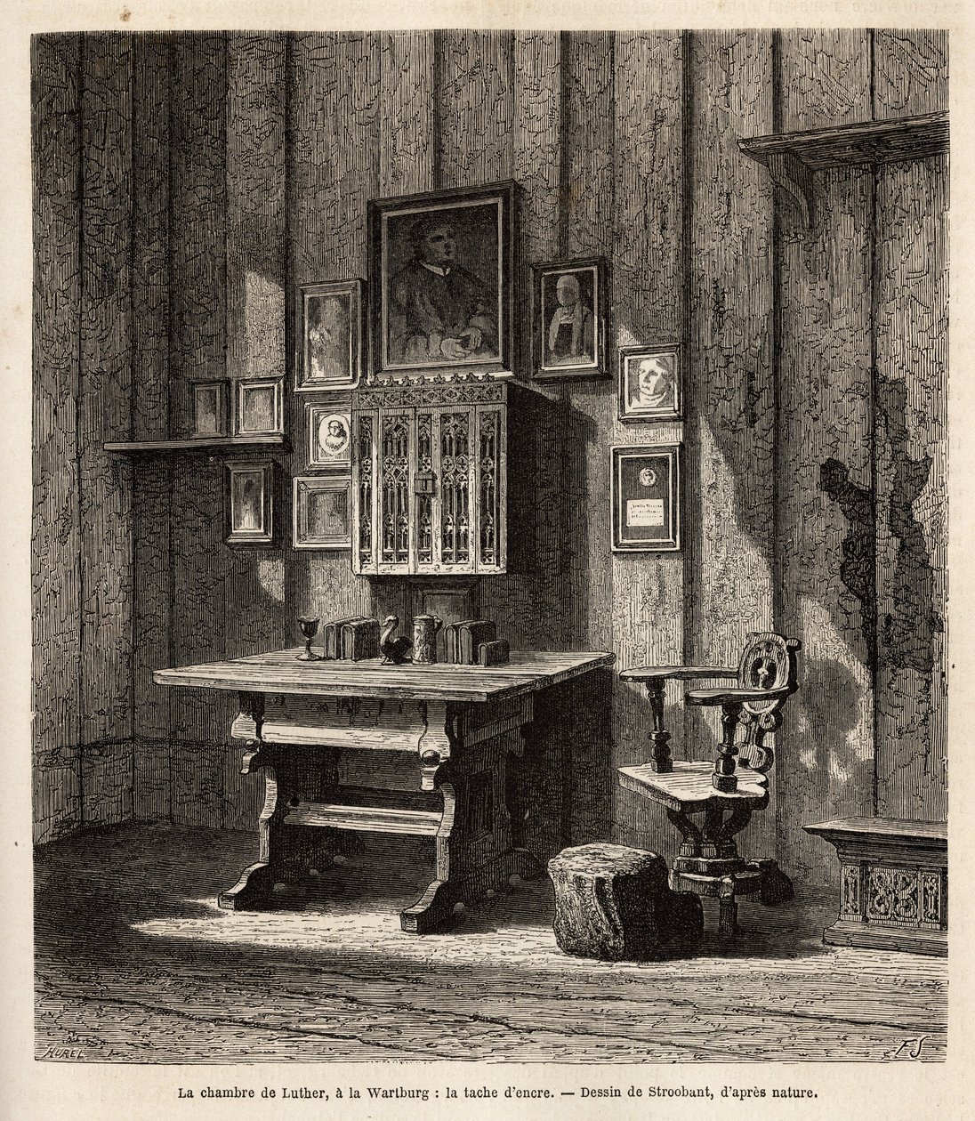 La habitación de Martín Lutero (1483-1546) en Wartburg donde se refugió tras su excomunión en 1521, con su retrato y los de sus padres sobre el escritorio, bajo cuyos ojos tradujo la Biblia al alemán y redactó sus textos más famosos de Unknown artist