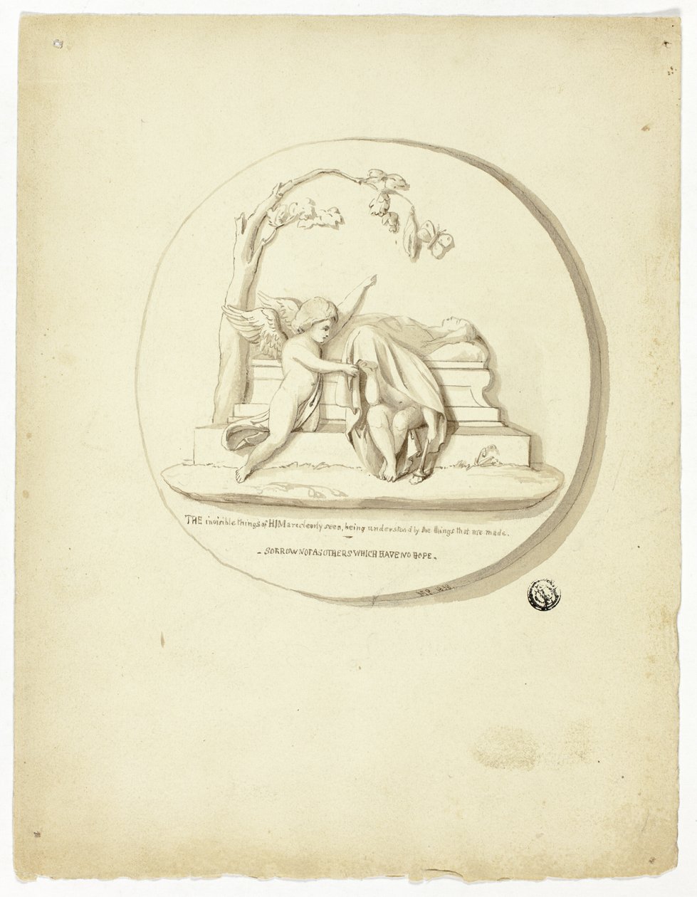 Medallón con dos putti junto a una tumba de Unknown artist