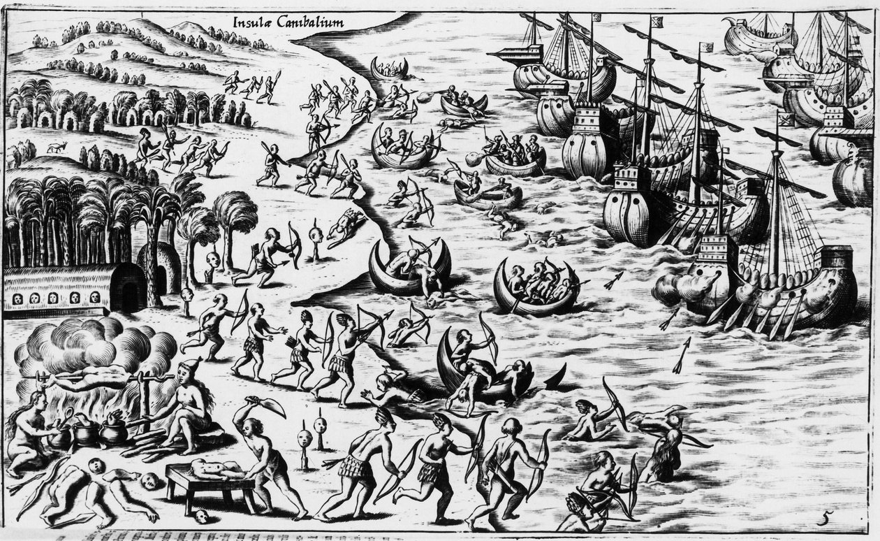 Encuentro entre la gente de Cristóbal Colón y los Caníbales - en "Nova Tipus Transacto Navigatio Novi Orbi" de Philoponus Honorius de Unknown artist