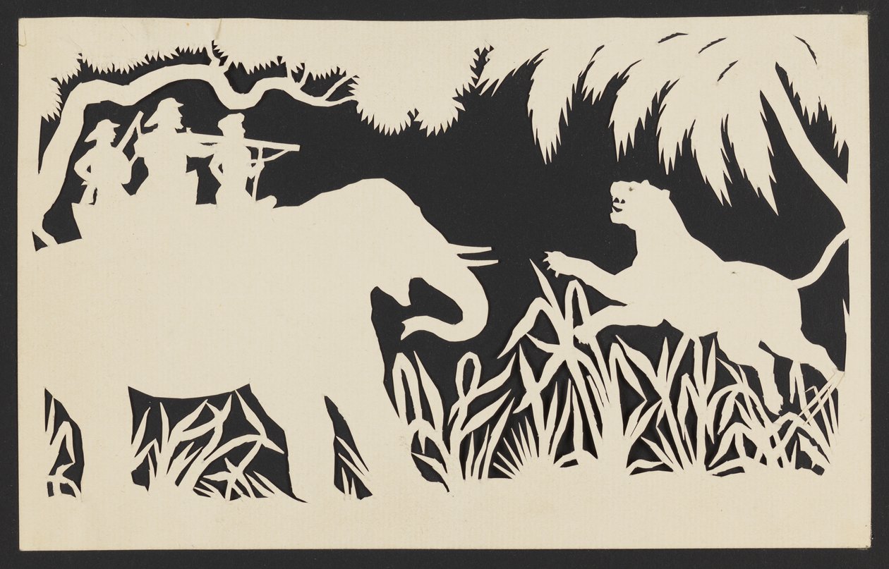 Hombres disparando a un tigre desde un elefante de Unknown artist