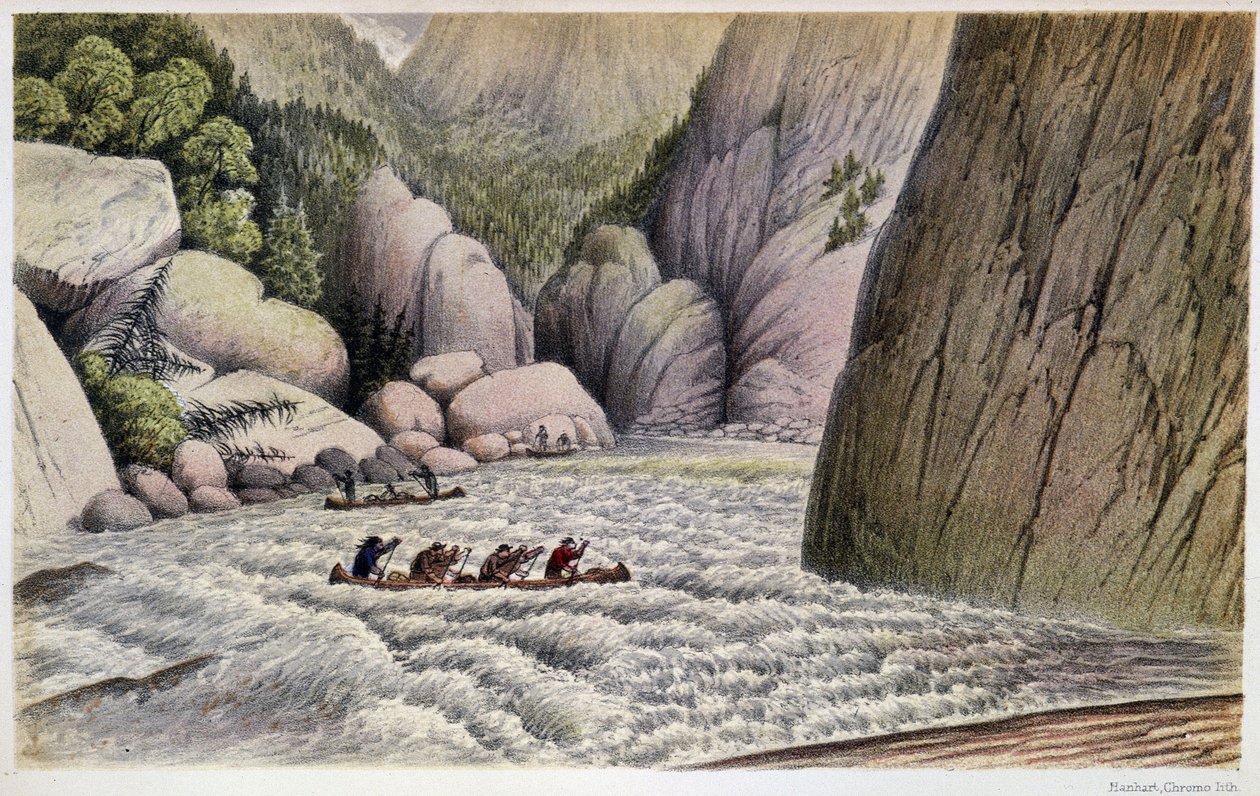 Hombres en canoa descendiendo rápidos: "An Escape at the Fourth Rapid" - en "Exploration of the Labrador Peninsula" de Hind, Londres de Unknown artist