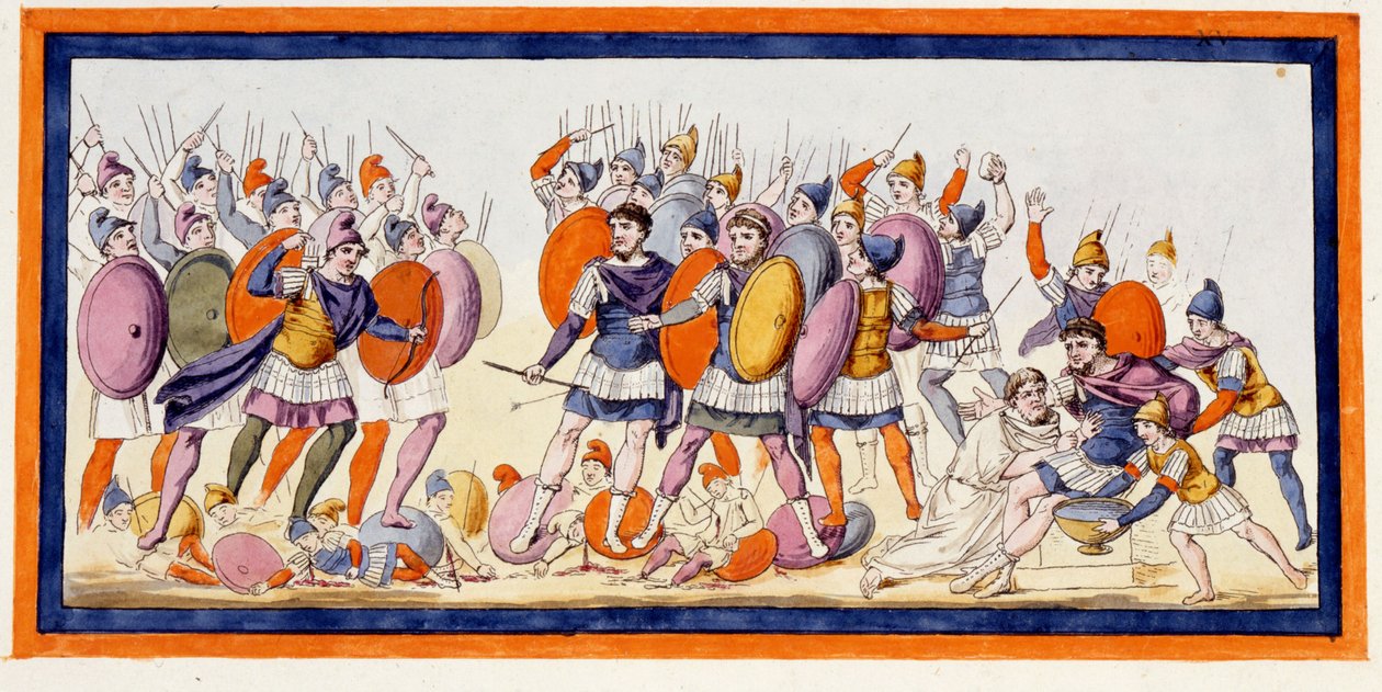 Menelao (a la derecha), un guerrero griego acaba de ser herido por una flecha de un aliado de los troyanos. La Ilíada, canto IV. Grabado de finales del siglo XVIII. de Unknown artist