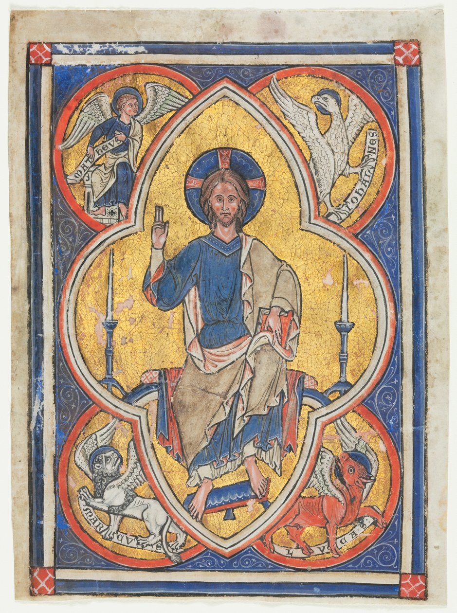Miniatura extraída de un salterio: Cristo en majestad con símbolos de los cuatro evangelistas de Unknown artist