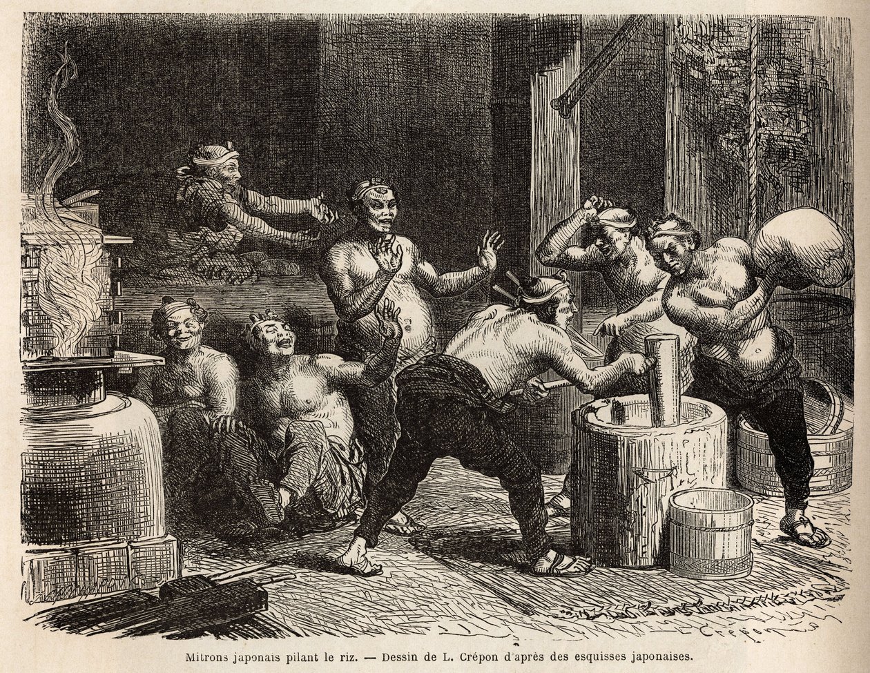 Mitrones golpeando arroz, antes de ser fermentado para hacer cerveza de arroz. Grabado para ilustrar el viaje a Japón, por Aime Humbert, ministro de la Confederación Suiza, en 1863-1864, publicado en “Le tour du monde” 1869, editado por Edouard Charton, e de Unknown artist