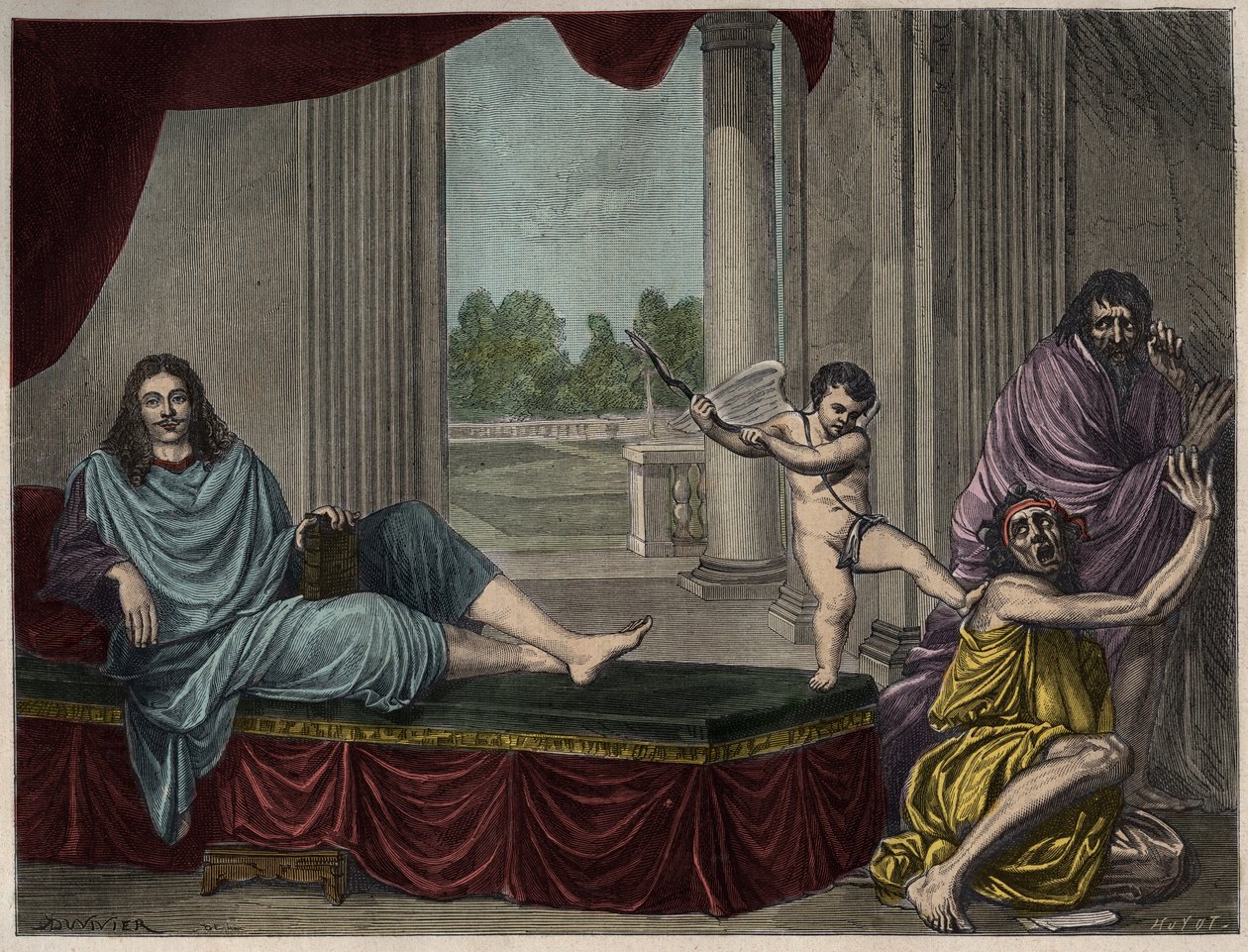 Molière Jean Baptiste Poquelin (1622-1673) evocando el Genio de la comedia para derribar el vicio y desenmascarar la hipocresía - Grabado después de una pintura que desapareció en el siglo XVII de Unknown artist