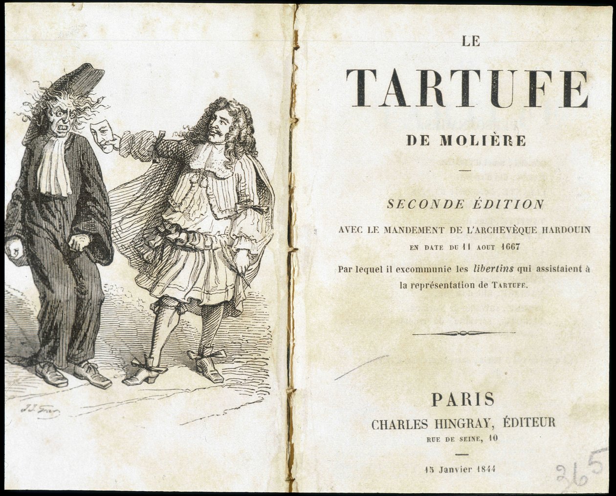 Molière asustando a un eclesiástico usando una máscara de teatro - Frontispicio de “Tartufo” de Molière, ed. Hingray, París de Unknown artist
