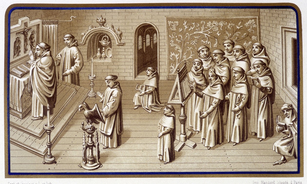 Monjes en una capilla del monasterio: oración y coro. Grisalla de los Milagros de Nuestra Señora. Cromolitografía. siglo XIX de Unknown artist