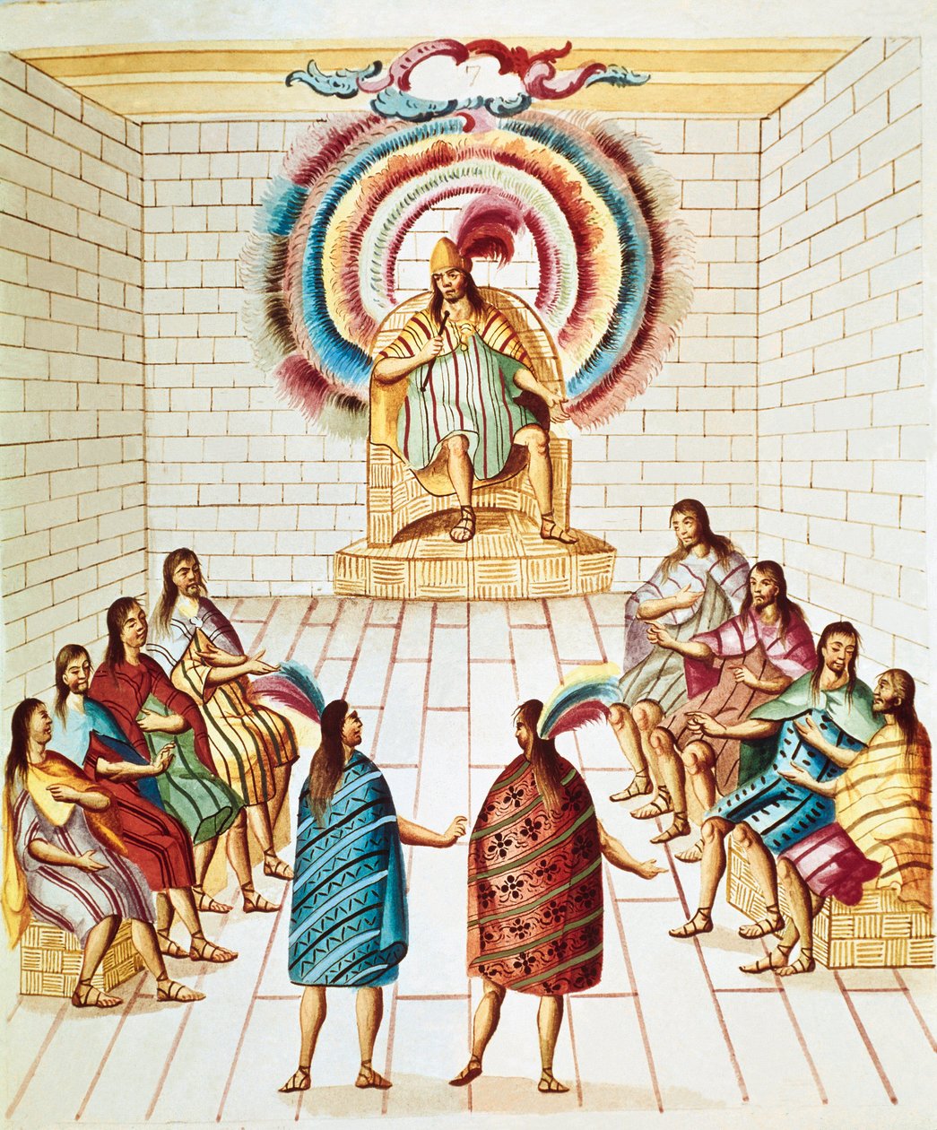Moctezuma II, emperador azteca (1466-1520) y su consejo (acuarela de 