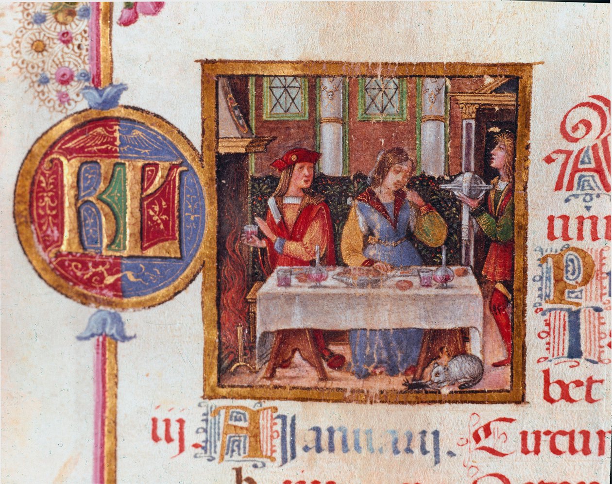 Mes de enero: escena de banquete. Miniatura del Breviario de Hércules (Ercole) I d
