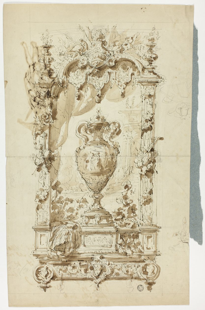 Jarrón monumental con marco ornamental (anverso); boceto de hombre de pie con sombrilla y loro, y estudios arquitectónicos (reverso). de Unknown artist