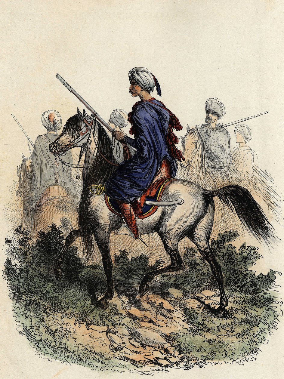 Gendarmes moros (o guardias de campo) encargados de la policía rural de Argel, formados en 1831. En "L