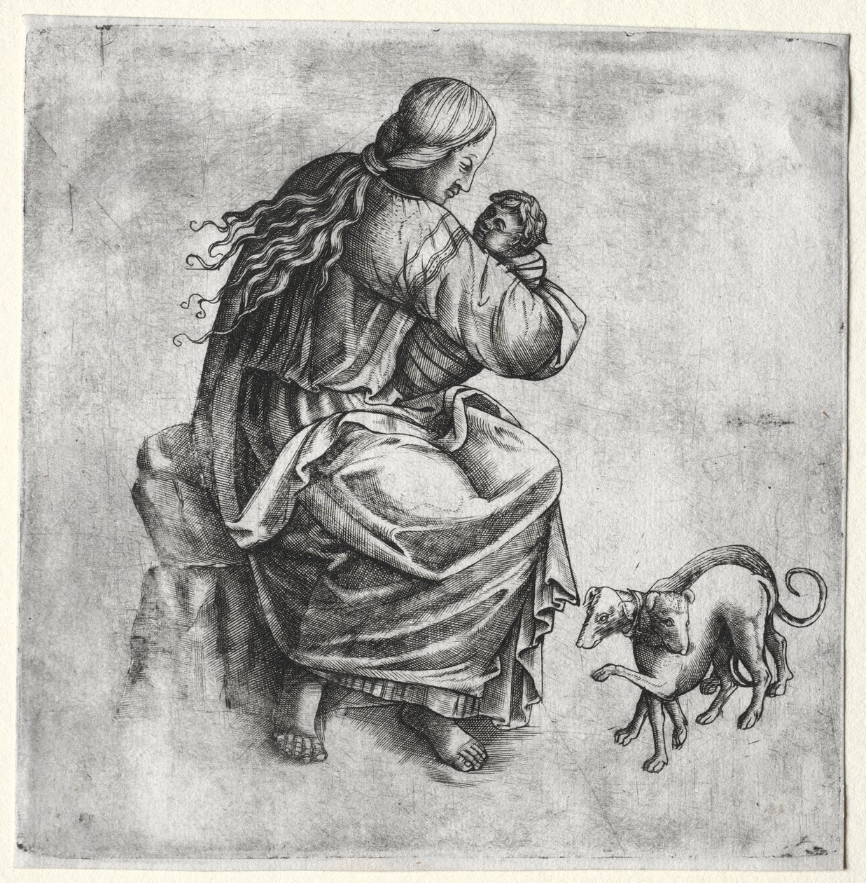 Madre e hijo con dos perros de Unknown artist