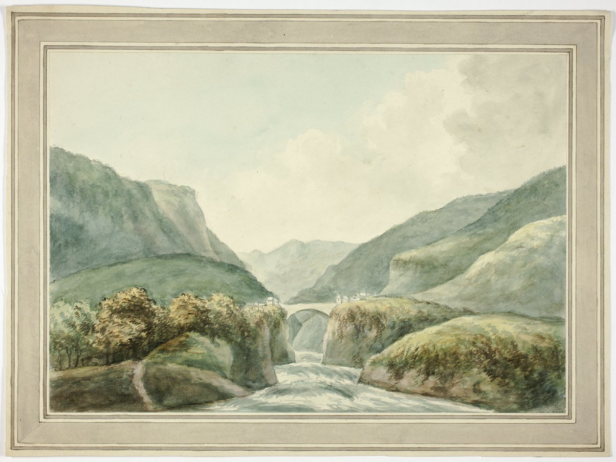 Pueblo de montaña por el puente que salva los rápidos de Unknown artist
