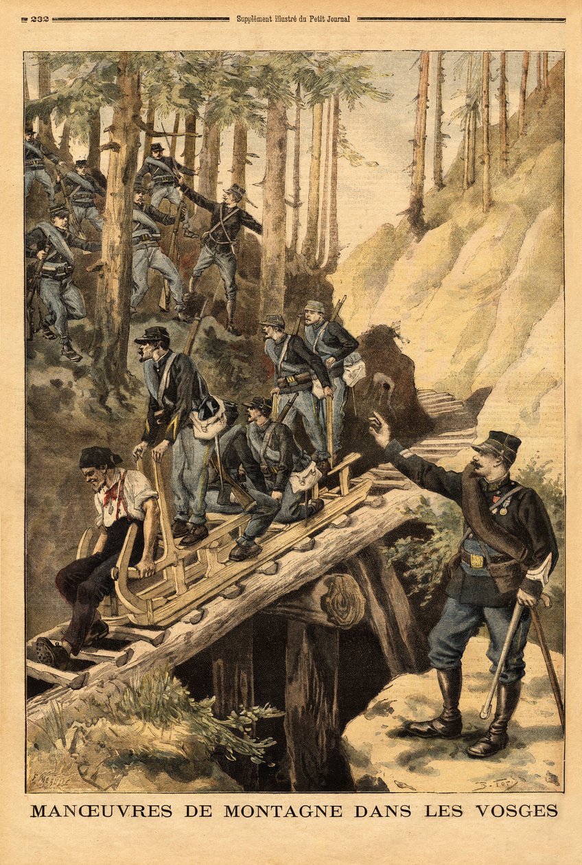 Maniobra de montaña en los Vosgos de un batallón de cazadores alpinos con una solicitud de una schlitte, trineo para la tala de árboles. Grabado en "Le petit journal" 19/07/1896. Colección Selva de Unknown artist