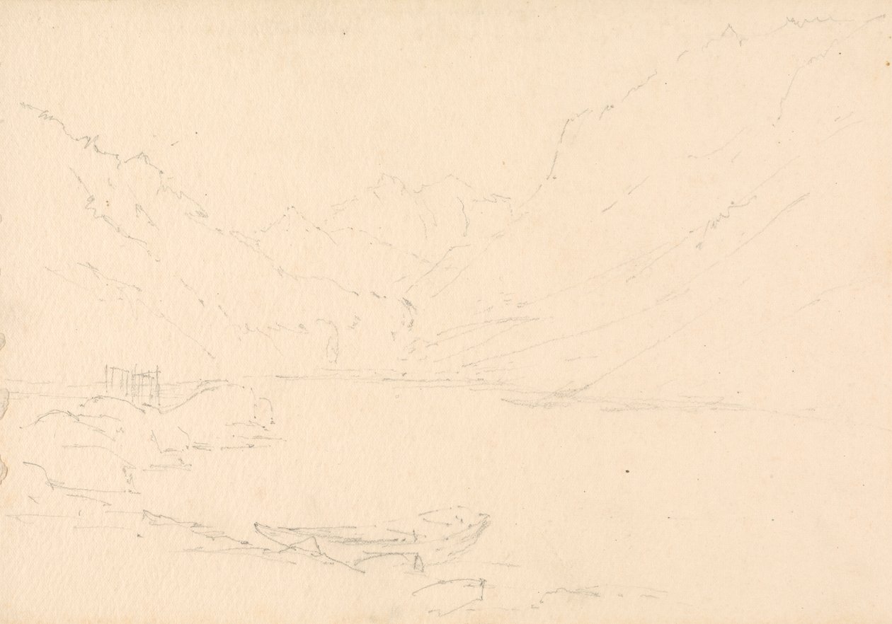 Paisaje montañoso y lago de Unknown artist