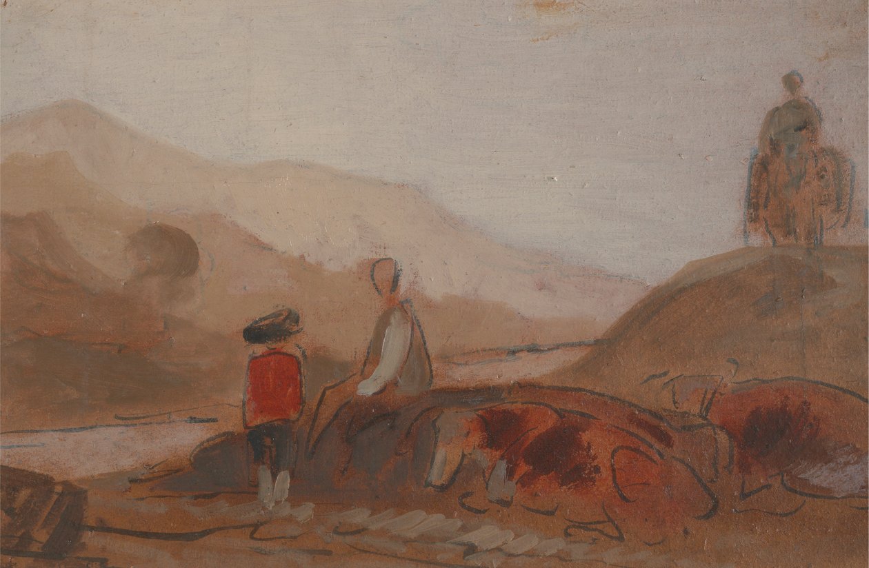 Paisaje montañoso con figuras junto a un lago de Unknown artist